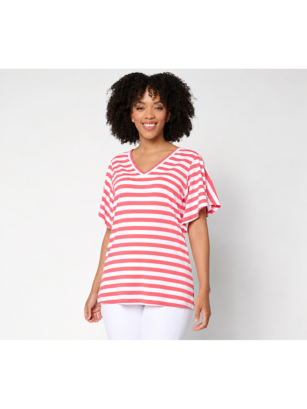 Belle by Kim Gravel TripleLuxe Knit Stripe Flutter Sleeve Top Deep Coral, Large